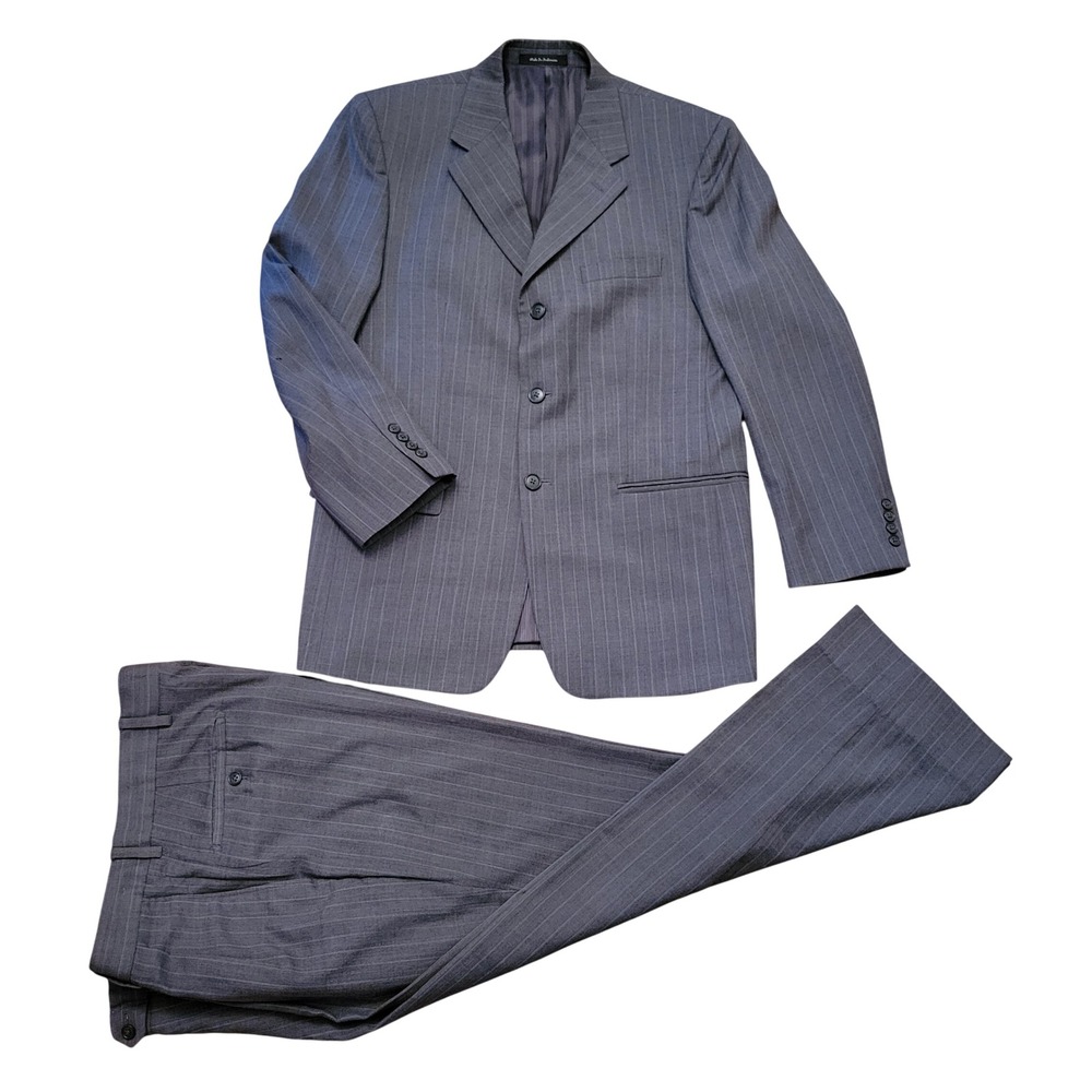 2 pc Roberto Villini 38S Suit Grey Chalk Stripe Super 120s Wool 32W Academia